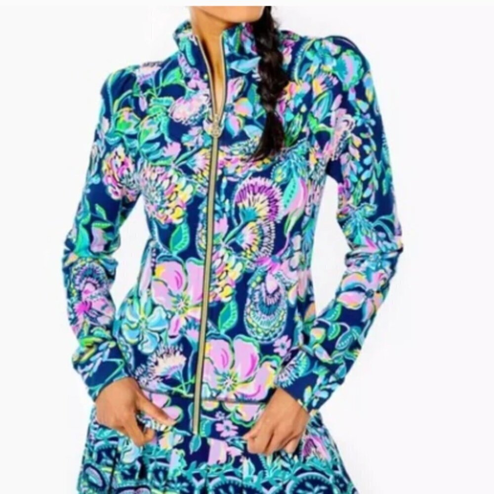 Lilly Pulitzer Jordanna Jacket UPF 50+ High Tide Navy Shes Got Sol Large NWT